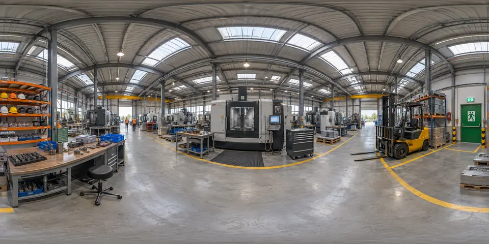 Üretim makineleri ve yaya yollarının bulunduğu örnek dijital fabrika