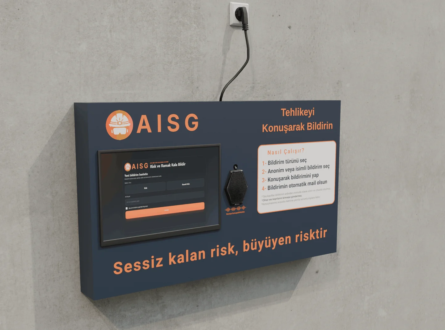 İşyerinde sesli risk ve ramak kala bildirimi için kullanılan fiziksel kiosk cihazı