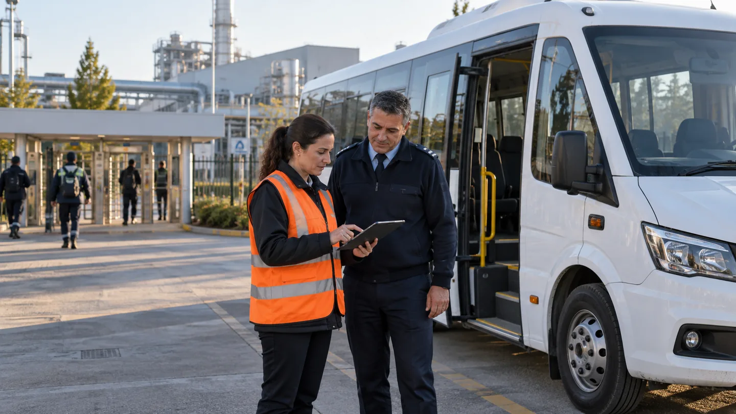 Fabrika servis aracı yanında yolculuk hazırlığını kontrol eden sürücü ve görevli