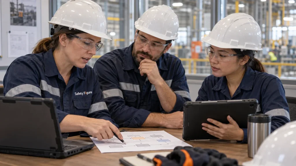 Tablet ve süreç şeması üzerinden görevleri planlayan iş güvenliği ekibi