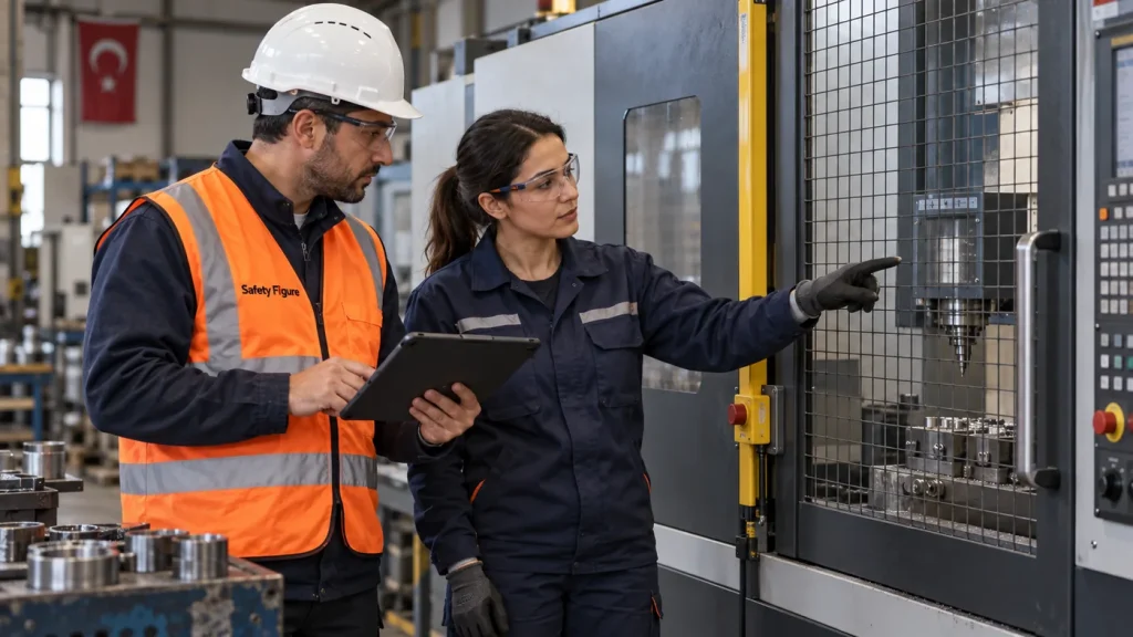 Kapalı CNC makinesini tabletle inceleyen iş güvenliği uzmanı ve operatör