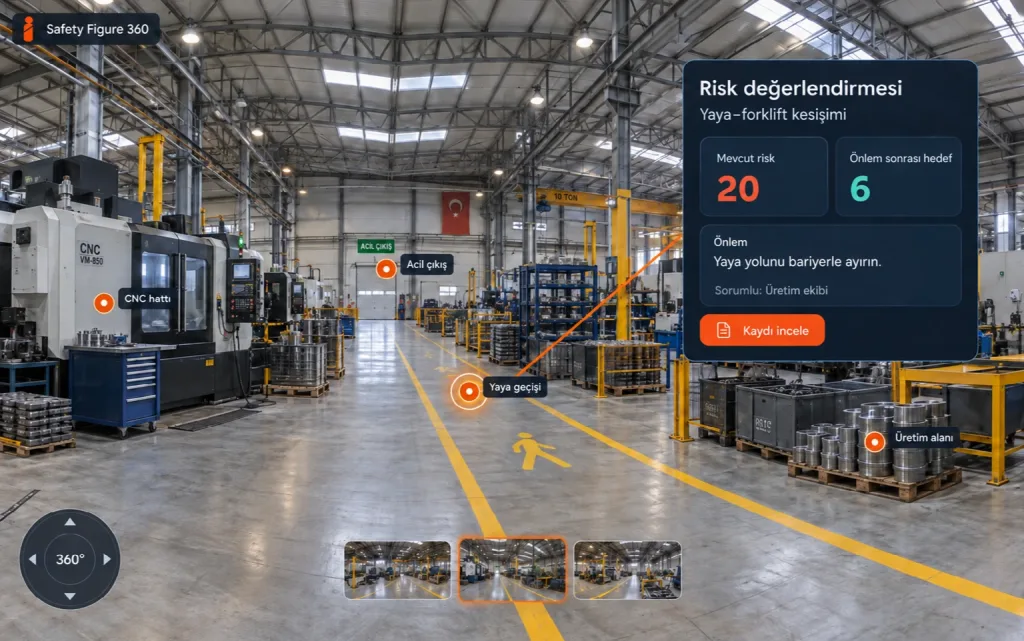 Panoramik fabrika görünümünde konum işaretleri ve açık risk değerlendirme paneli