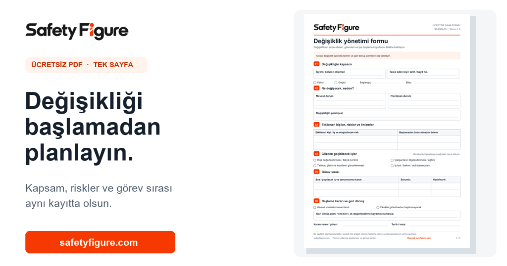 Değişiklik yönetimi PDF formunun kapsam, riskler, görev sırası ve karar alanları.