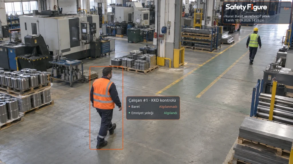 Üretim sahasında baret algılanmayan çalışanın ve reflektif yelek kontrolünün Safety Figure Eye kamera görüntüsünde işaretlenmesi